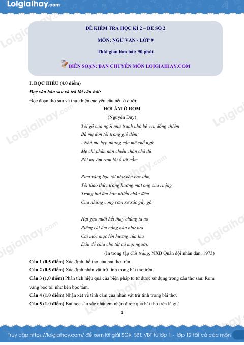 Đề thi học kì 2 Văn 9 - Đề số 2